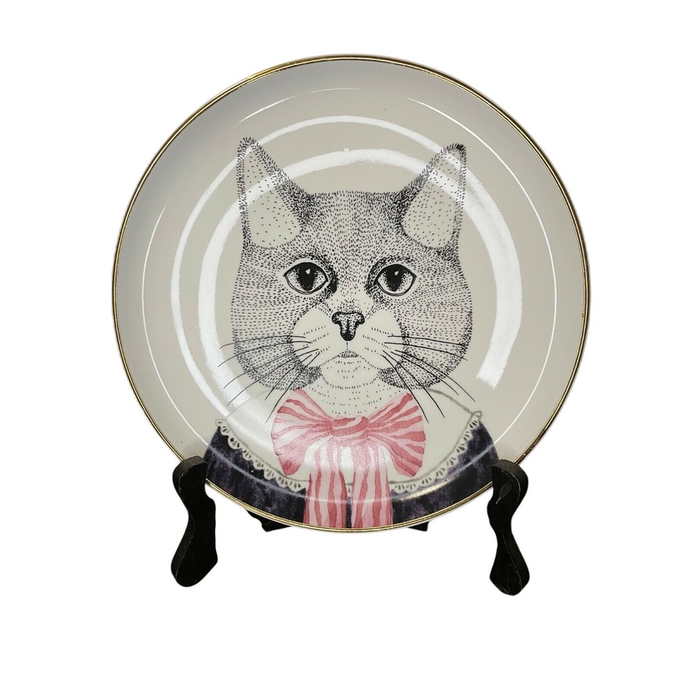 Pier 1 Imports Decorative Plate Cat Face Pink Bow Collar Gold‎ Rim Fine China